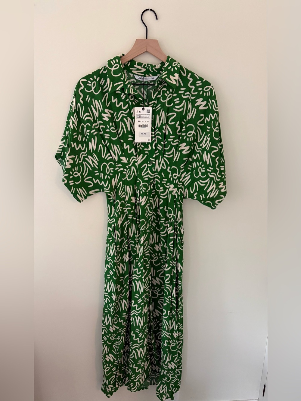Zara Green Shirt Dress with Cream Abstract Scribble Print